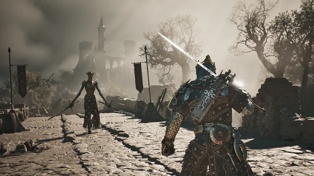 Official Mortal Shell II screenshot of an armored Shell facing a swordswoman in a citadel