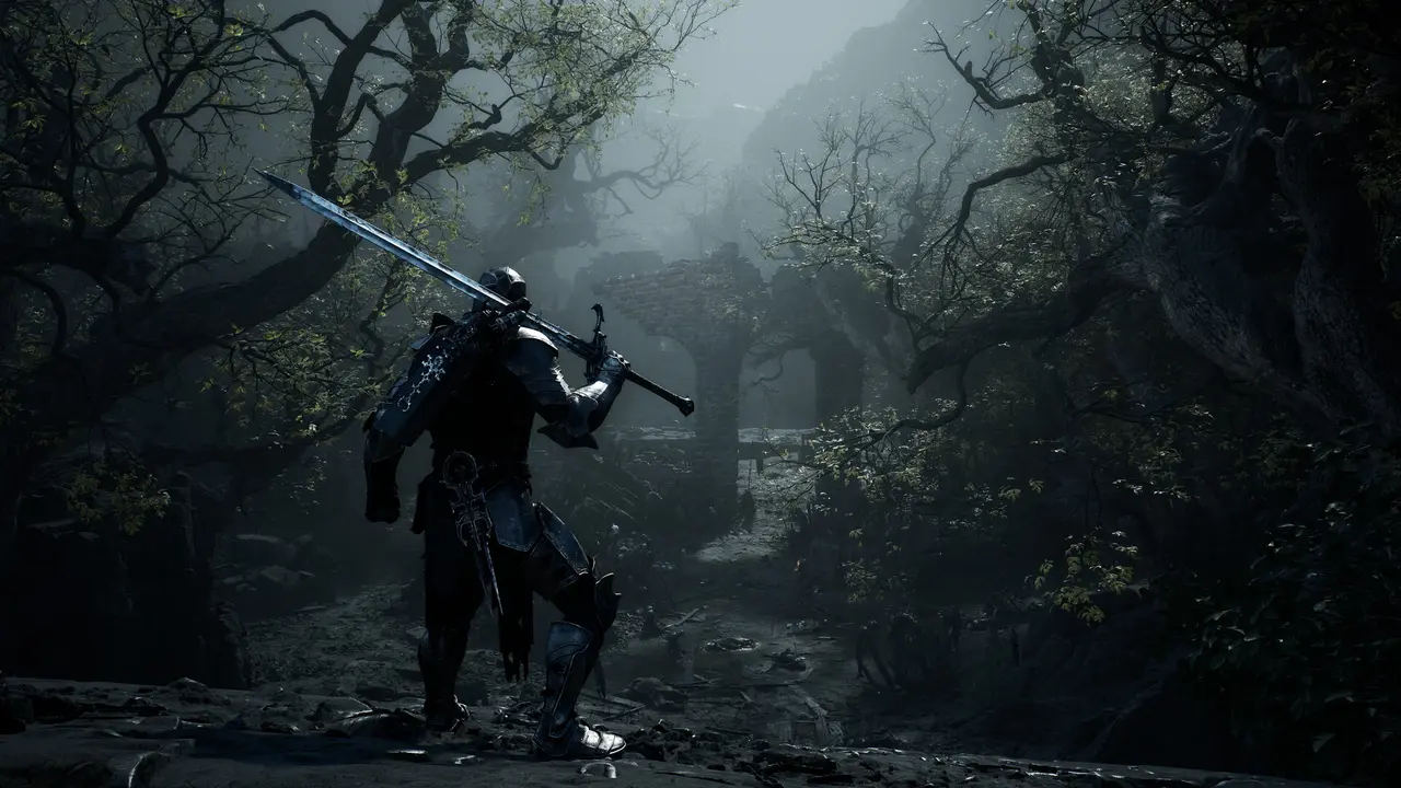 Official Mortal Shell II screenshot of a Shell overlooking a wooded route