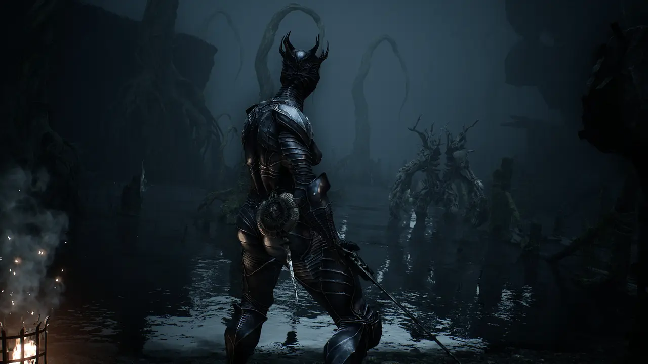 Official Mortal Shell II screenshot of a Shell preparing to fight in a swamp